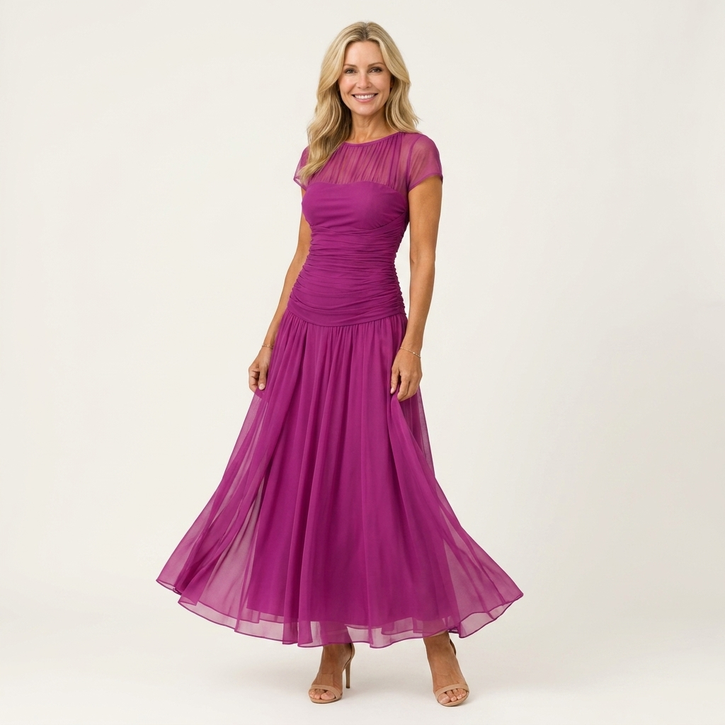 Lorenzia | Mesh-Yoke Ruched Chiffon Maxi Dress