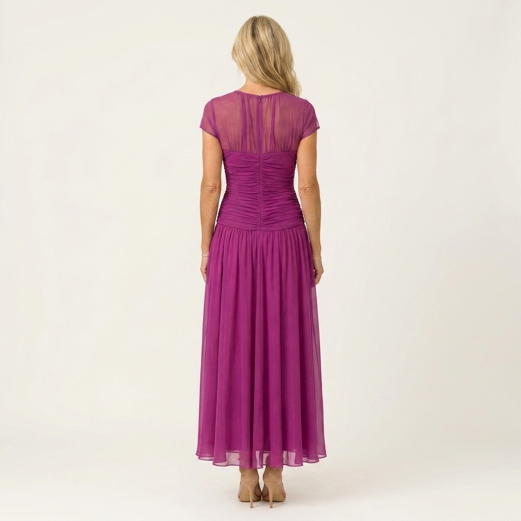 Lorenzia | Mesh-Yoke Ruched Chiffon Maxi Dress