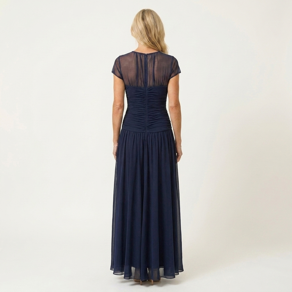 Lorenzia | Mesh-Yoke Ruched Chiffon Maxi Dress