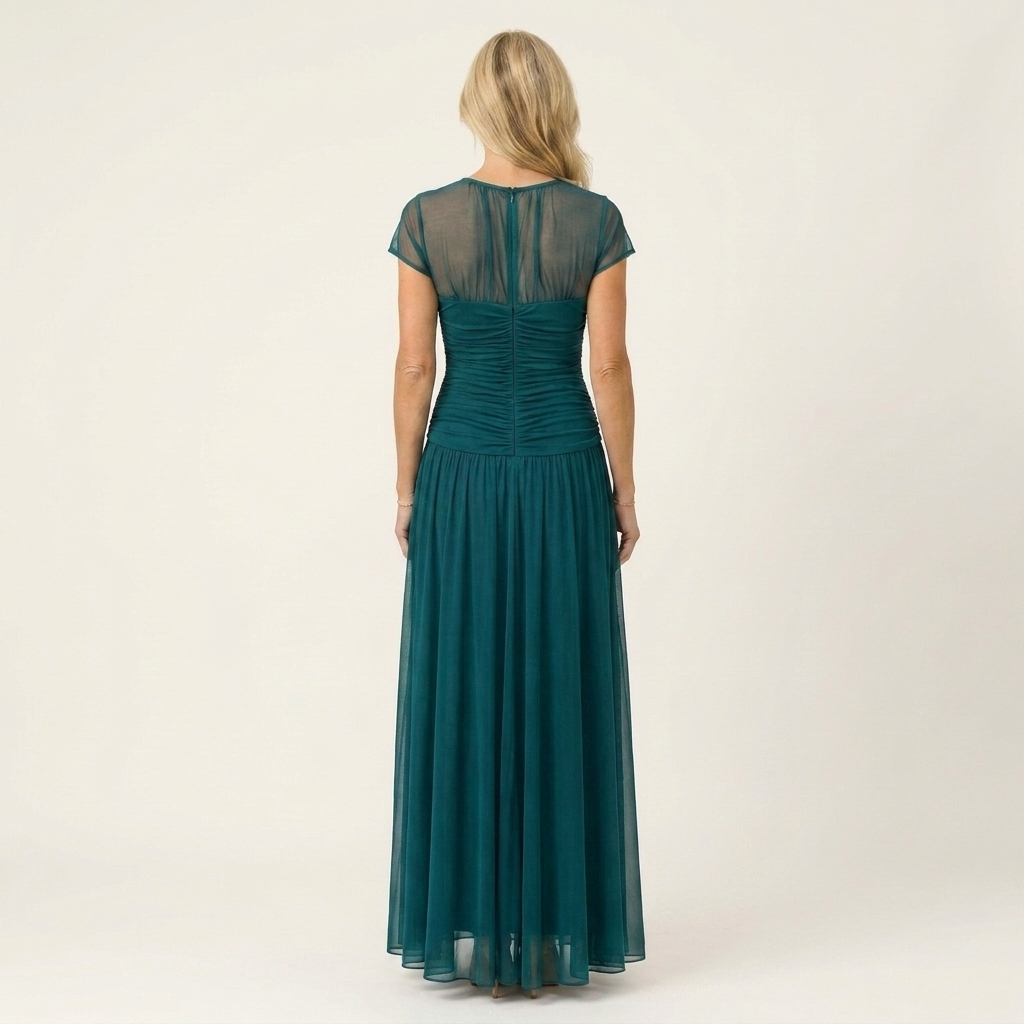 Lorenzia | Mesh-Yoke Ruched Chiffon Maxi Dress