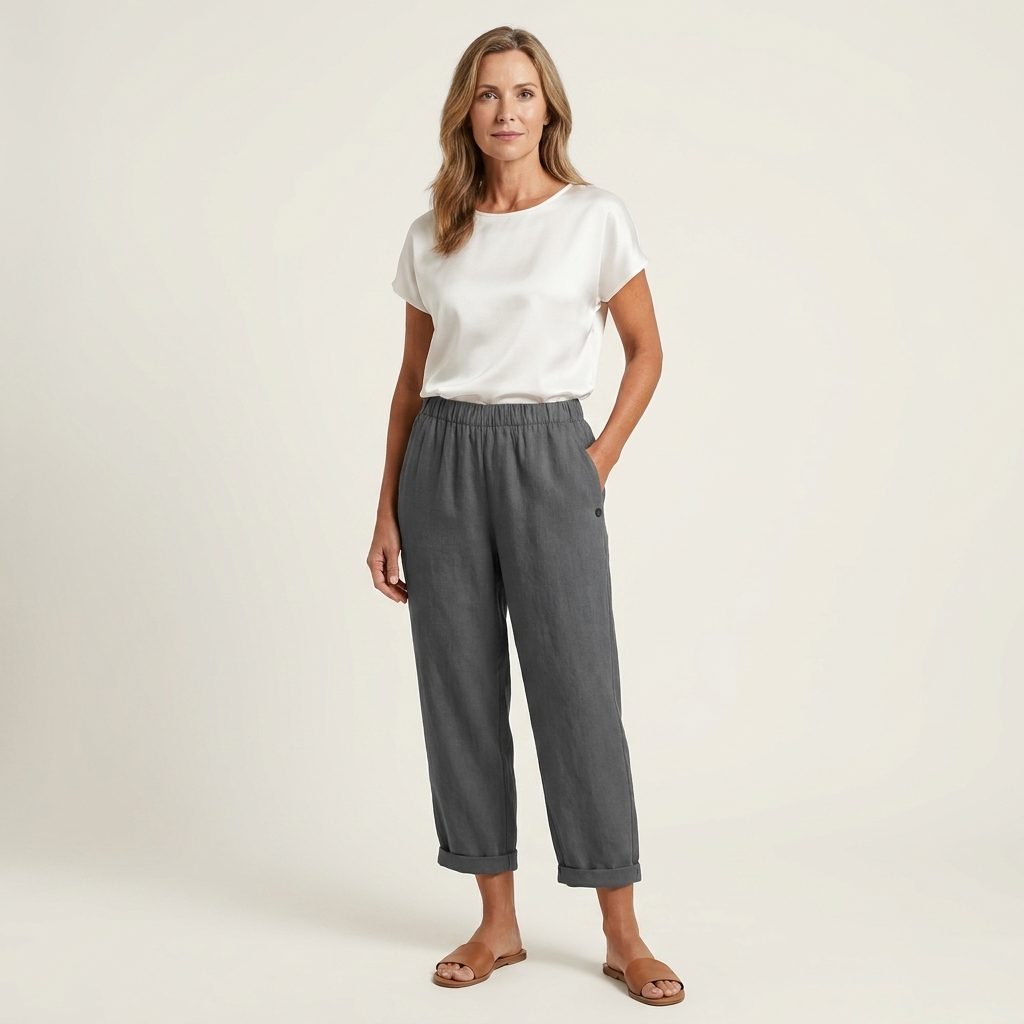Carolina | Cotton-Linen Tapered Pants with Rolled Cuffs & Side Pockets