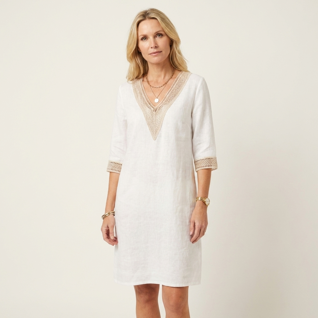 Lorella | Lace-Trim V-Neck Cotton-Linen Knee-Length Dress
