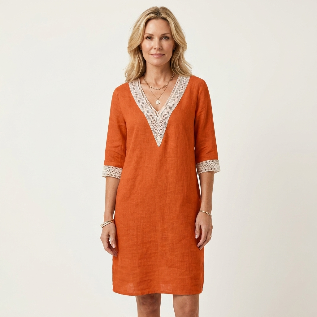Lorella | Lace-Trim V-Neck Cotton-Linen Knee-Length Dress
