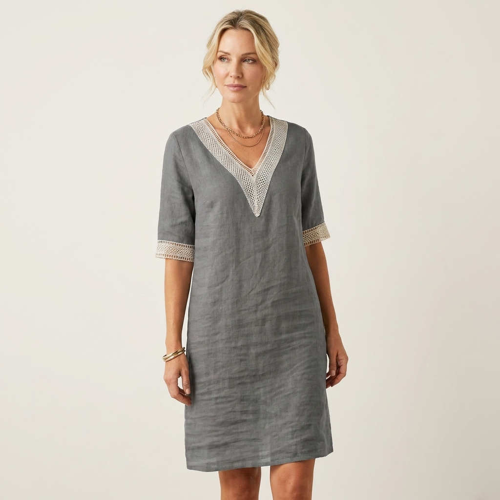 Lorella | Lace-Trim V-Neck Cotton-Linen Knee-Length Dress
