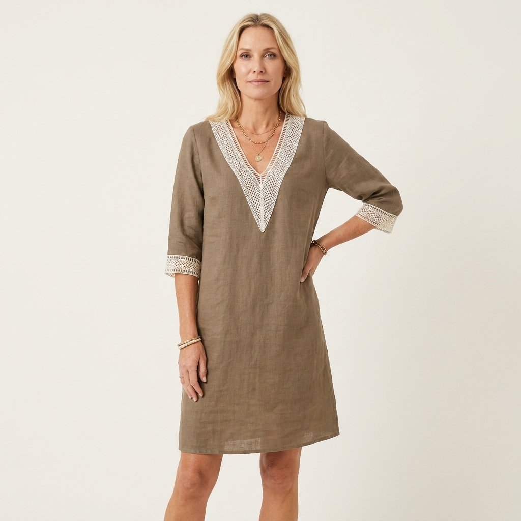 Lorella | Lace-Trim V-Neck Cotton-Linen Knee-Length Dress