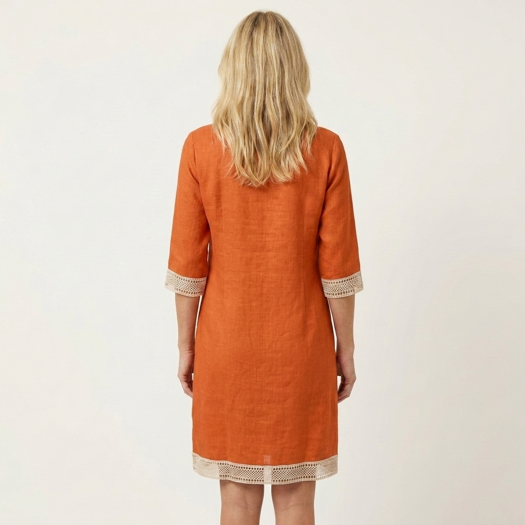 Lorella | Lace-Trim V-Neck Cotton-Linen Knee-Length Dress