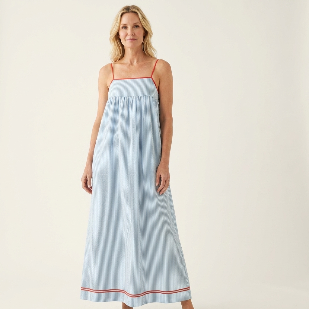 Shella | Striped Spaghetti-Strap Maxi Dress with Contrast Hem & Pockets