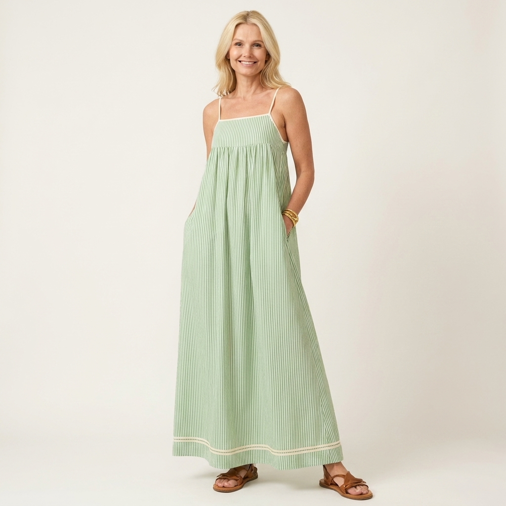 Shella | Striped Spaghetti-Strap Maxi Dress with Contrast Hem & Pockets