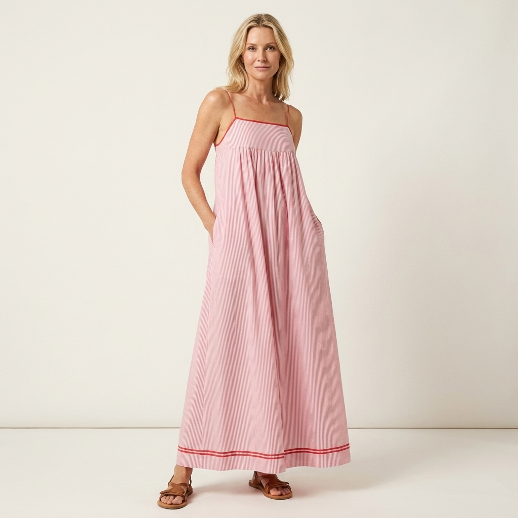Shella | Striped Spaghetti-Strap Maxi Dress with Contrast Hem & Pockets