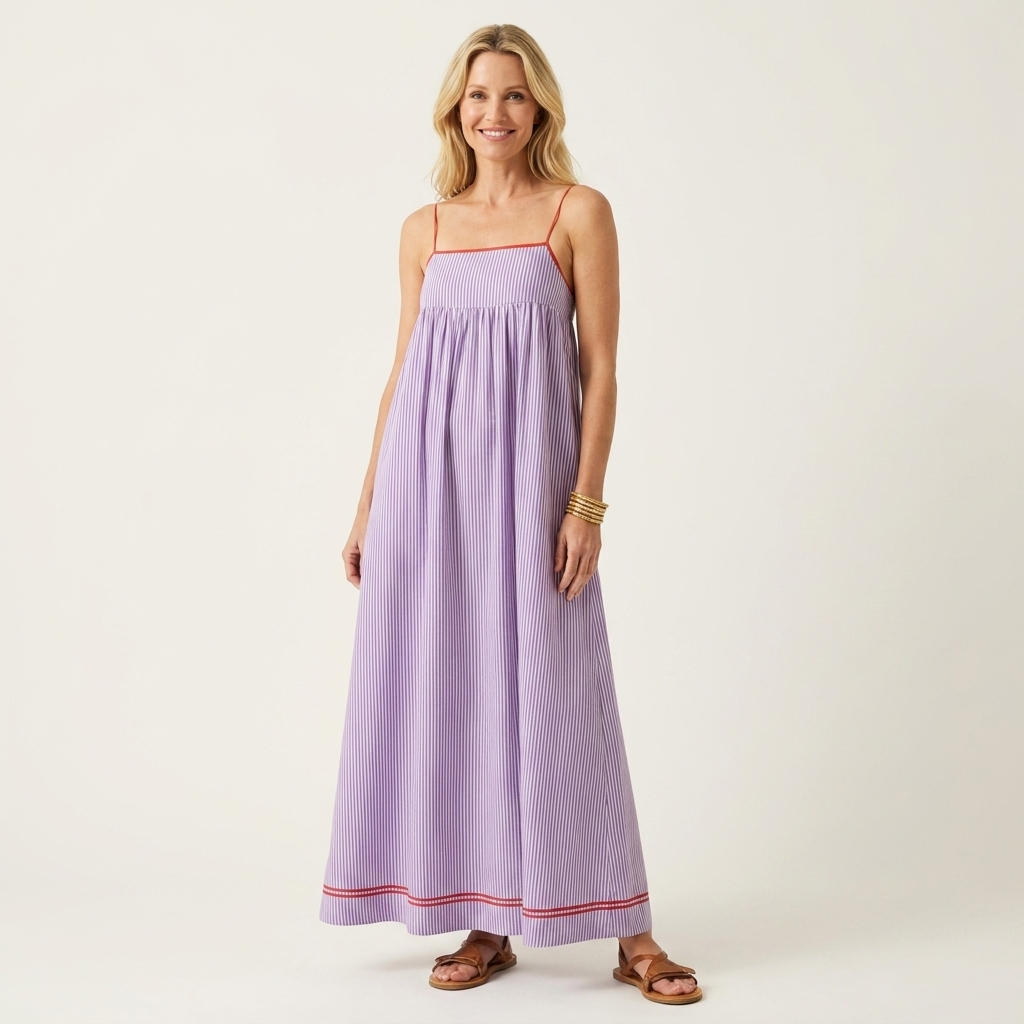 Shella | Striped Spaghetti-Strap Maxi Dress with Contrast Hem & Pockets