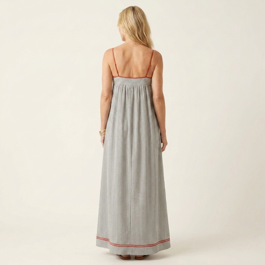 Shella | Striped Spaghetti-Strap Maxi Dress with Contrast Hem & Pockets