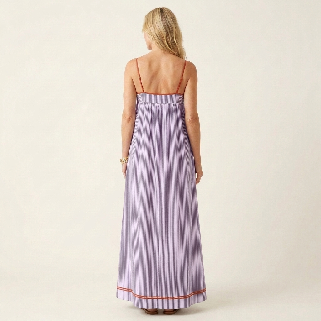 Shella | Striped Spaghetti-Strap Maxi Dress with Contrast Hem & Pockets