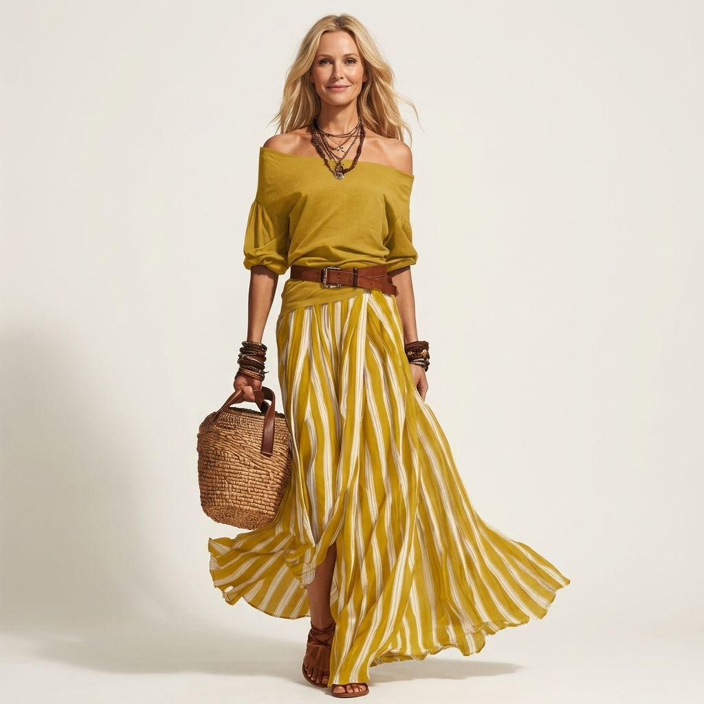 Rochella | Off-Shoulder Top & Striped Maxi Skirt Two-Piece Set with Belt