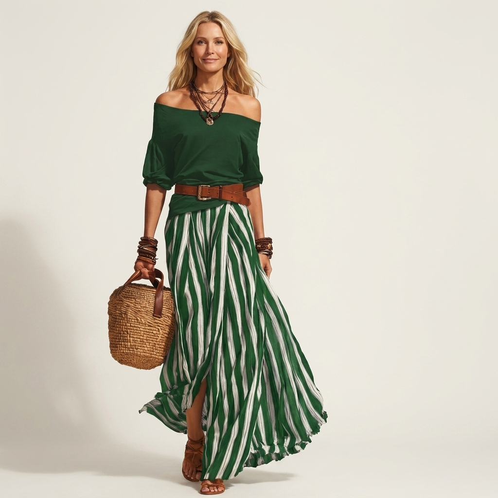 Rochella | Off-Shoulder Top & Striped Maxi Skirt Two-Piece Set with Belt