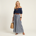 Rochella | Off-Shoulder Top & Striped Maxi Skirt Two-Piece Set with Belt
