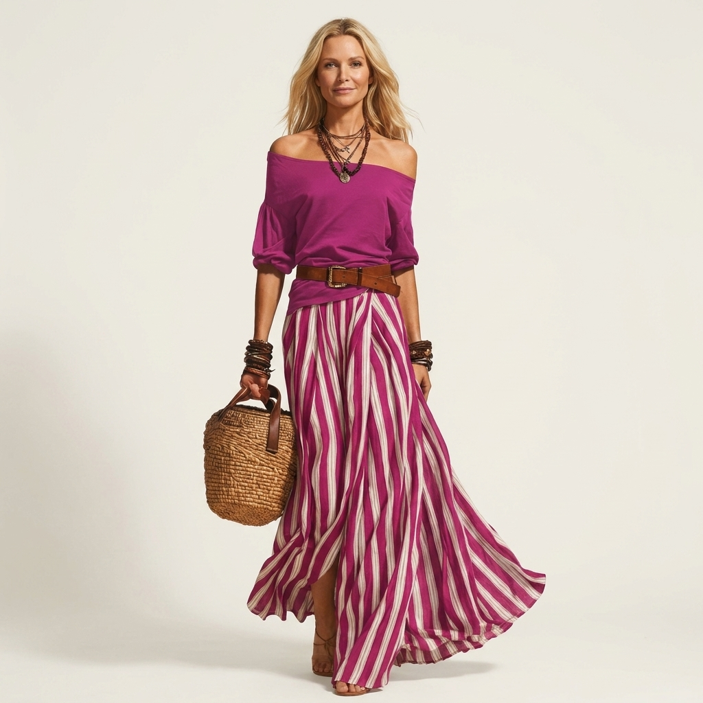Rochella | Off-Shoulder Top & Striped Maxi Skirt Two-Piece Set with Belt