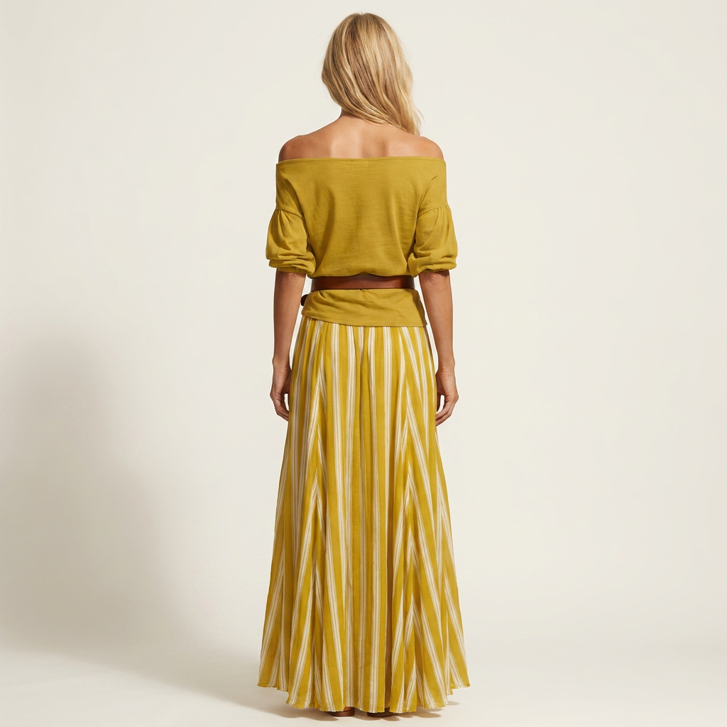 Rochella | Off-Shoulder Top & Striped Maxi Skirt Two-Piece Set with Belt