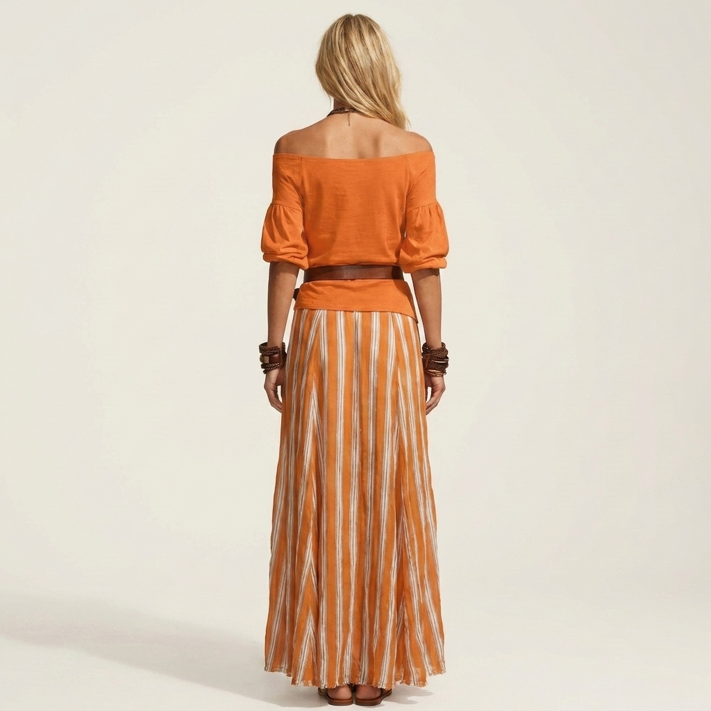 Rochella | Off-Shoulder Top & Striped Maxi Skirt Two-Piece Set with Belt