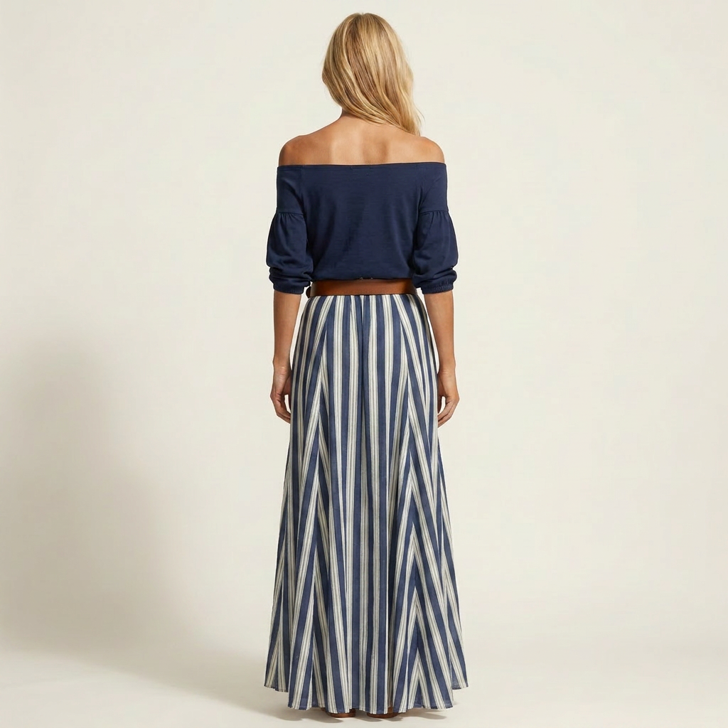 Rochella | Off-Shoulder Top & Striped Maxi Skirt Two-Piece Set with Belt