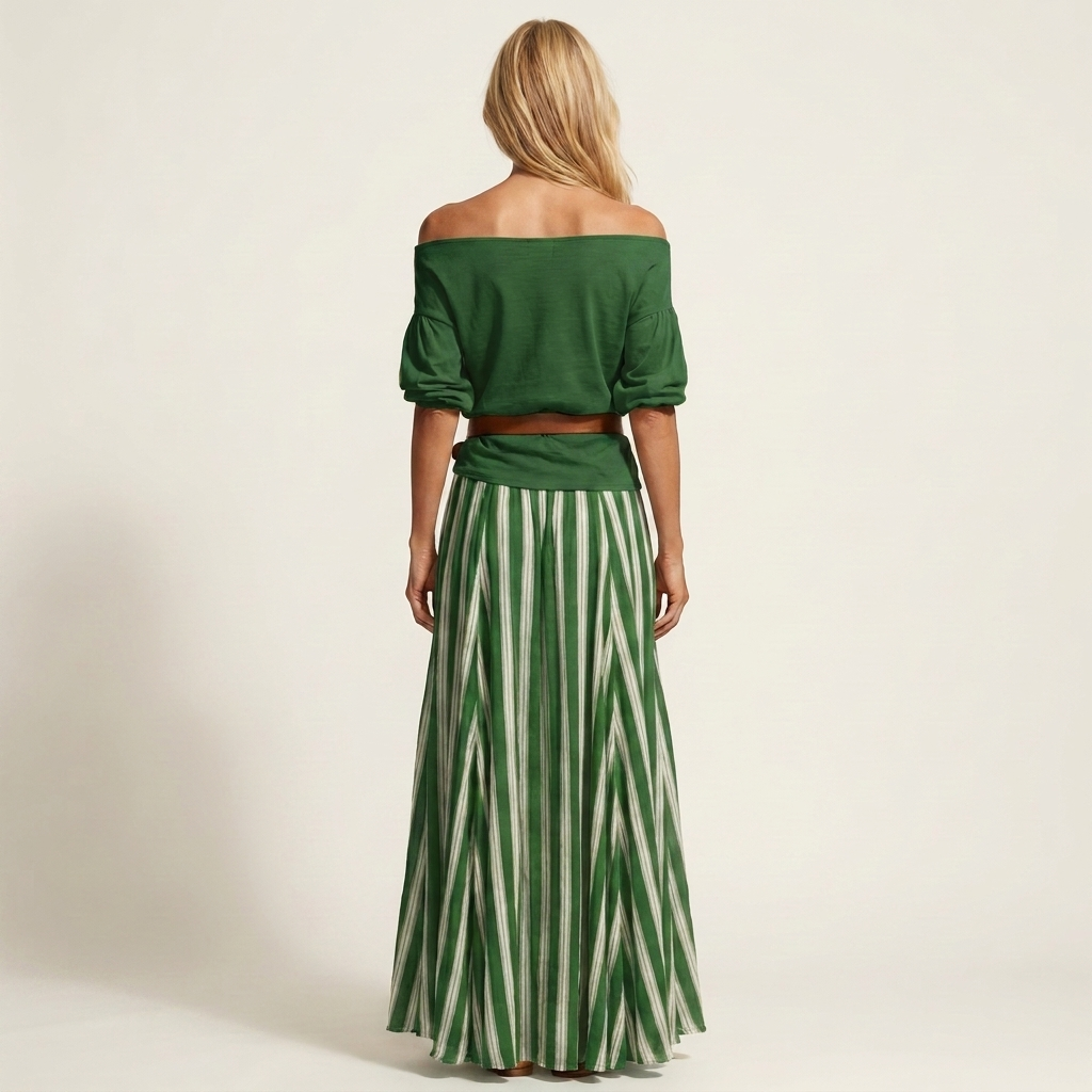 Rochella | Off-Shoulder Top & Striped Maxi Skirt Two-Piece Set with Belt