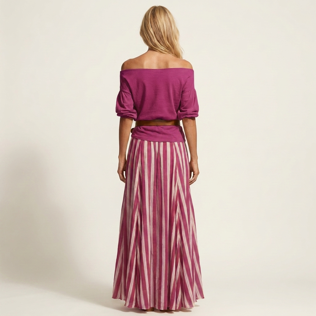 Rochella | Off-Shoulder Top & Striped Maxi Skirt Two-Piece Set with Belt