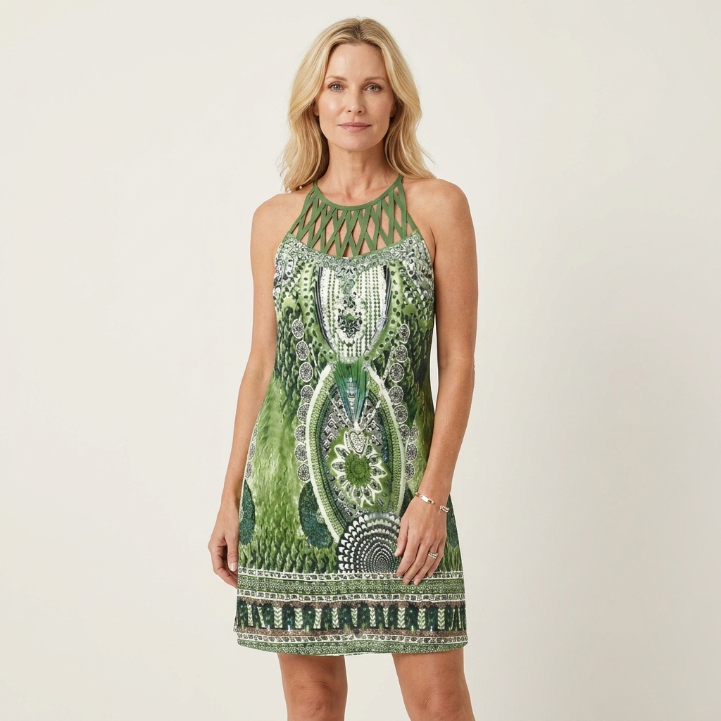 Darnella | Lattice-Neck Printed Sleeveless Mini Dress 24