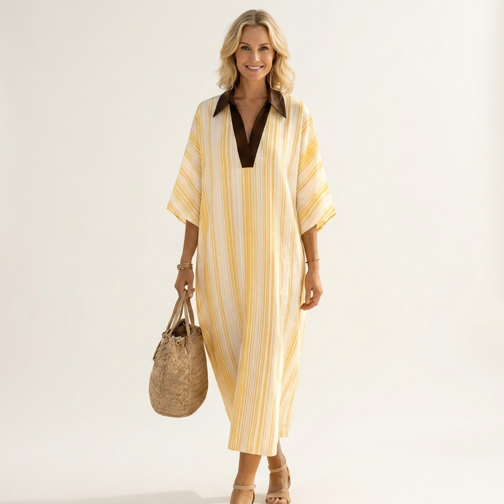 Wonda | Striped V-Neck Collared Kaftan Maxi Dress