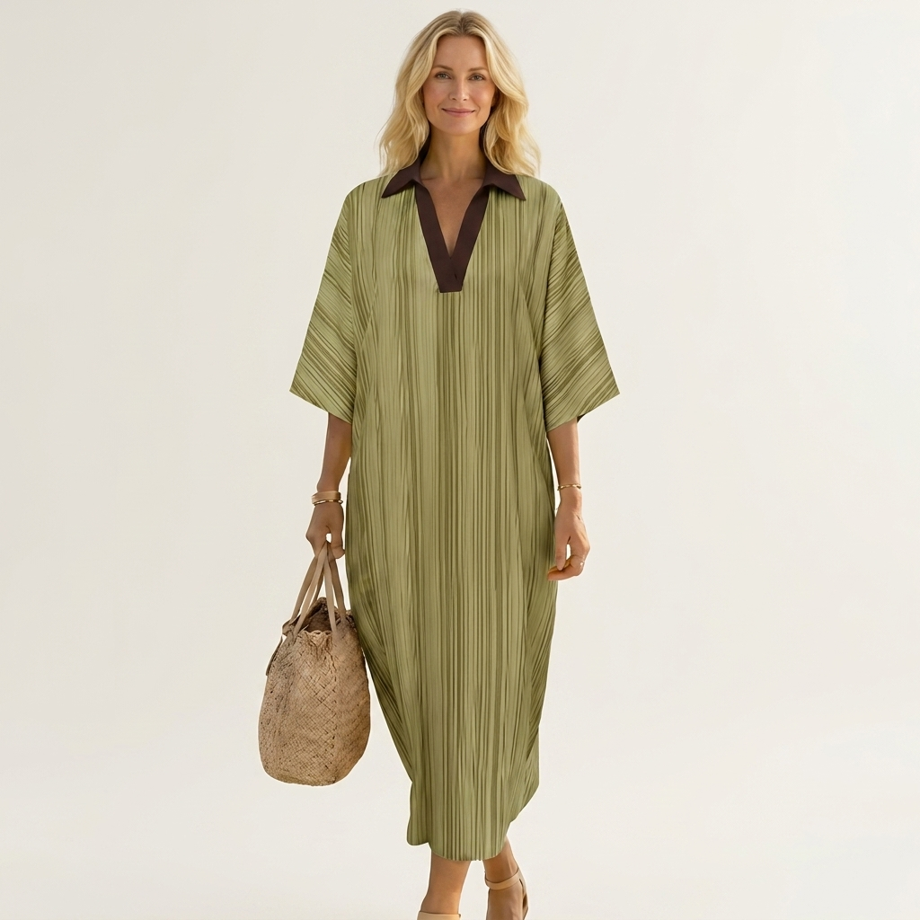 Wonda | Striped V-Neck Collared Kaftan Maxi Dress