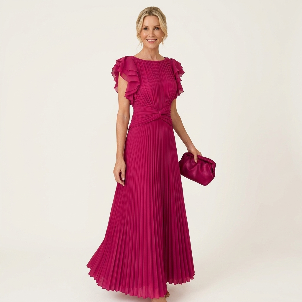 Caithlin | Flutter-Sleeve Twist-Knot Pleated Maxi Dress