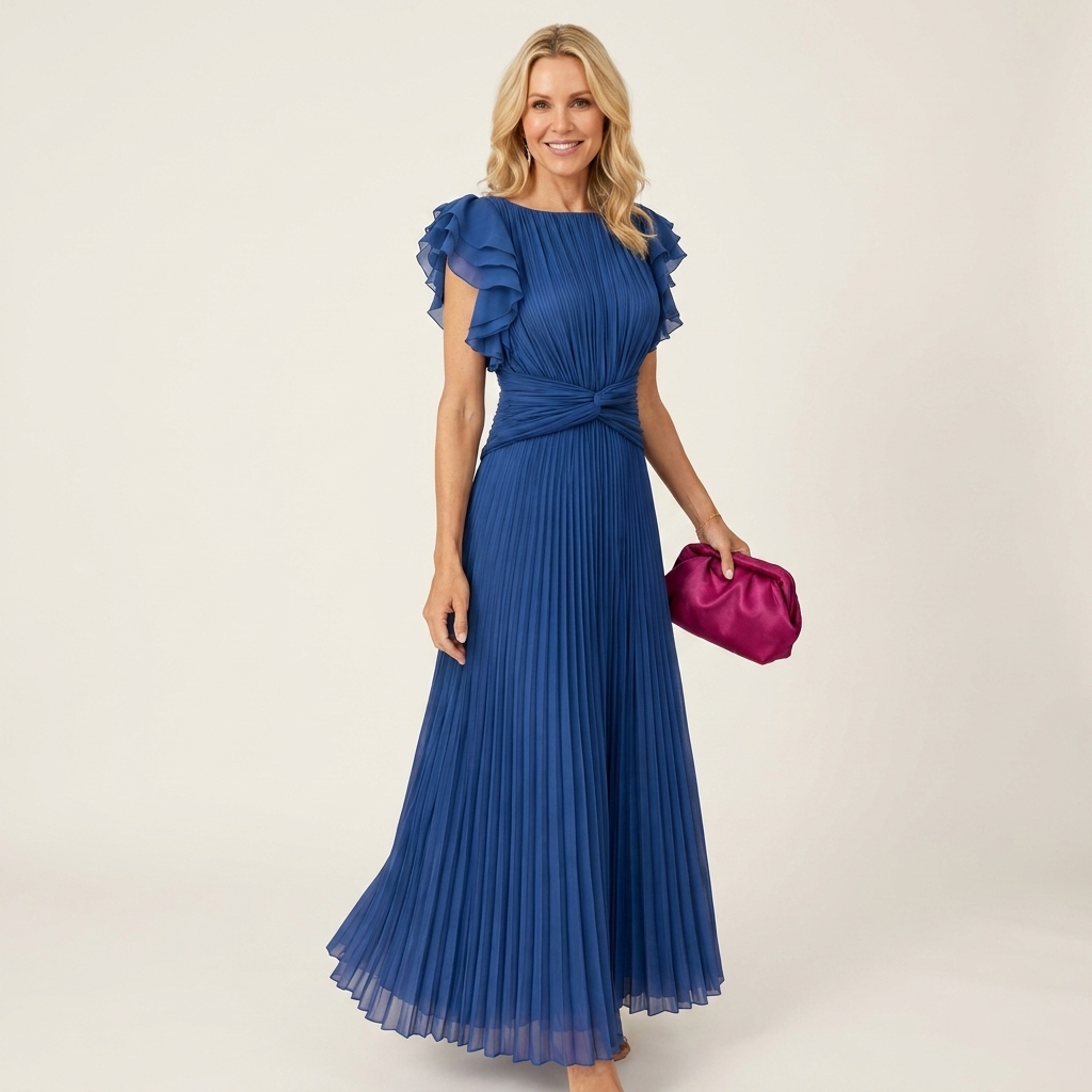 Caithlin | Flutter-Sleeve Twist-Knot Pleated Maxi Dress