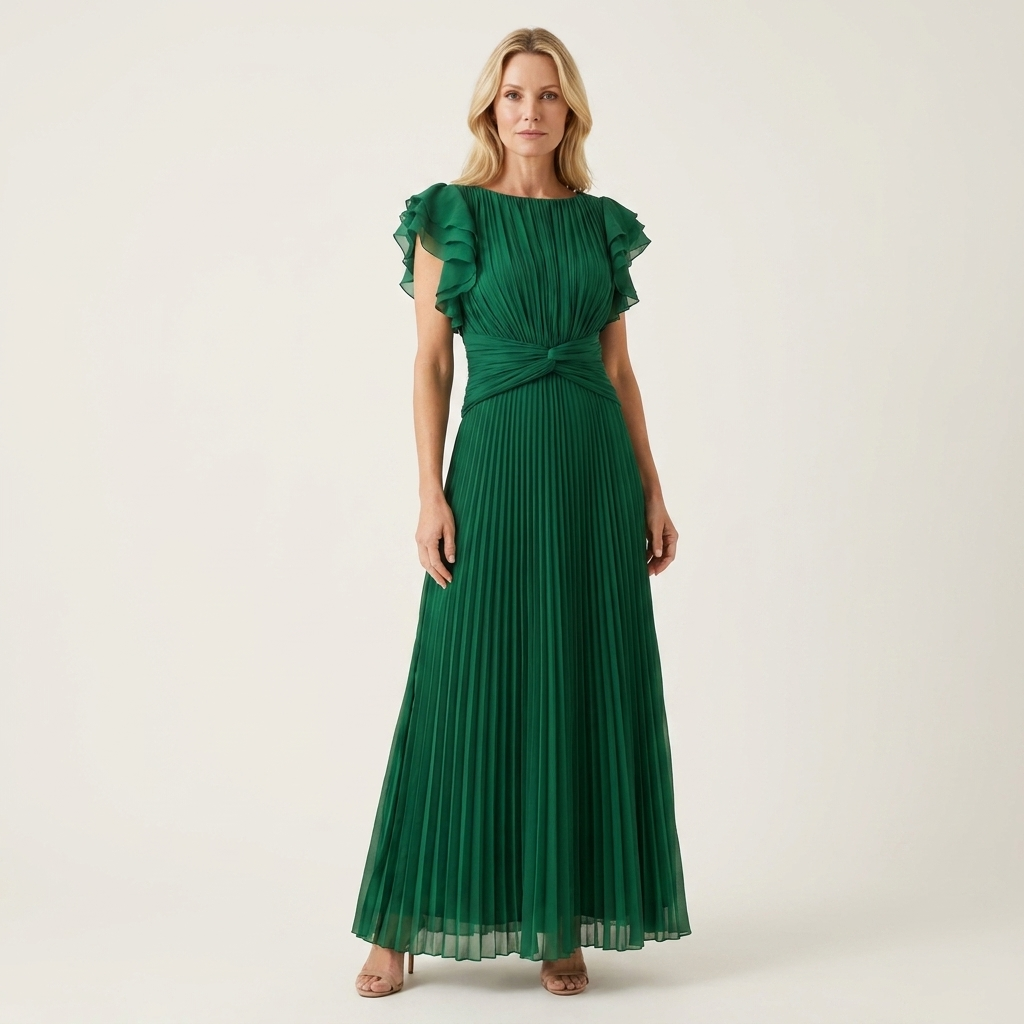 Caithlin | Flutter-Sleeve Twist-Knot Pleated Maxi Dress