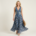 Eleyna | Denim Bodice & Polka-Dot Chiffon Maxi Dress