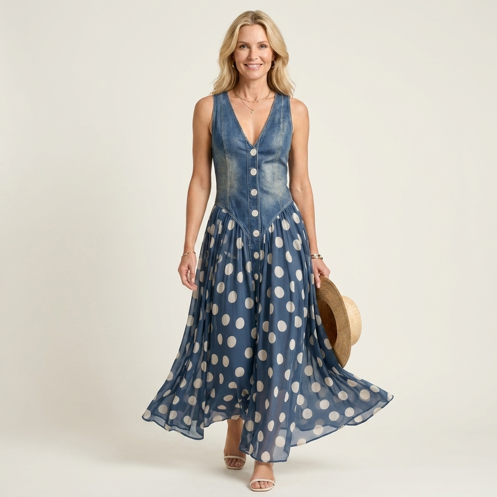 Eleyna | Denim Bodice & Polka-Dot Chiffon Maxi Dress