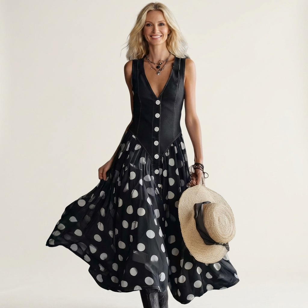 Eleyna | Denim Bodice & Polka-Dot Chiffon Maxi Dress