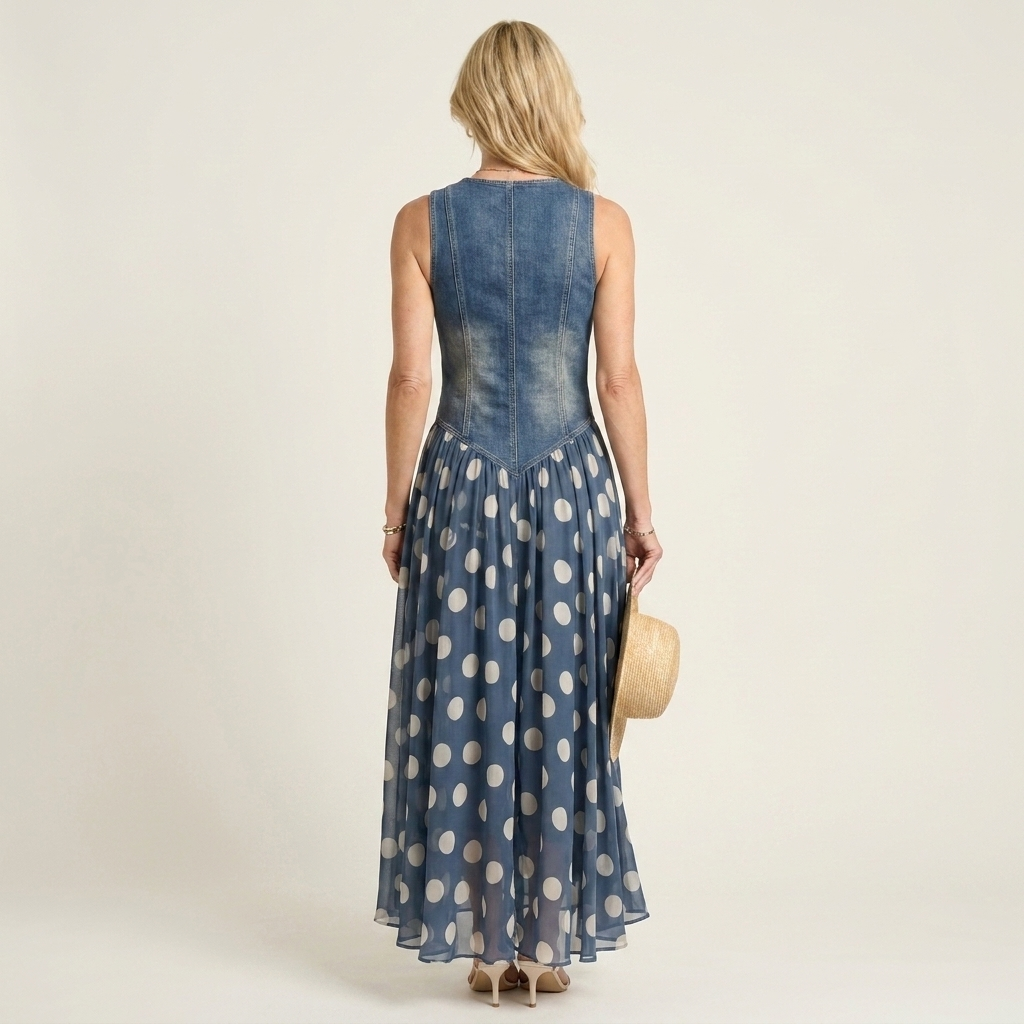 Eleyna | Denim Bodice & Polka-Dot Chiffon Maxi Dress
