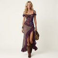 Sandy | Cold-Shoulder Floral & Leopard Mixed-Print Maxi Dress with High Slit