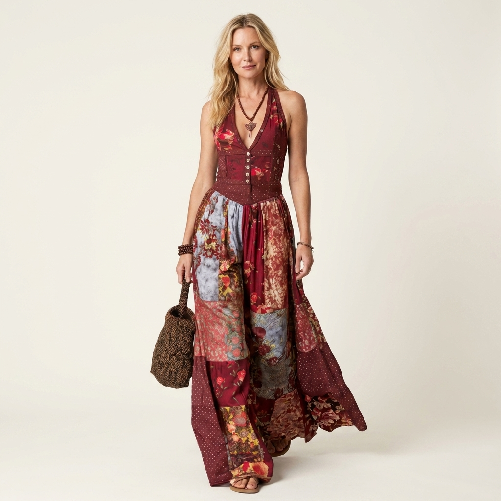 Candice | Deep V-Neck Patchwork Floral Maxi Dress with Open Back