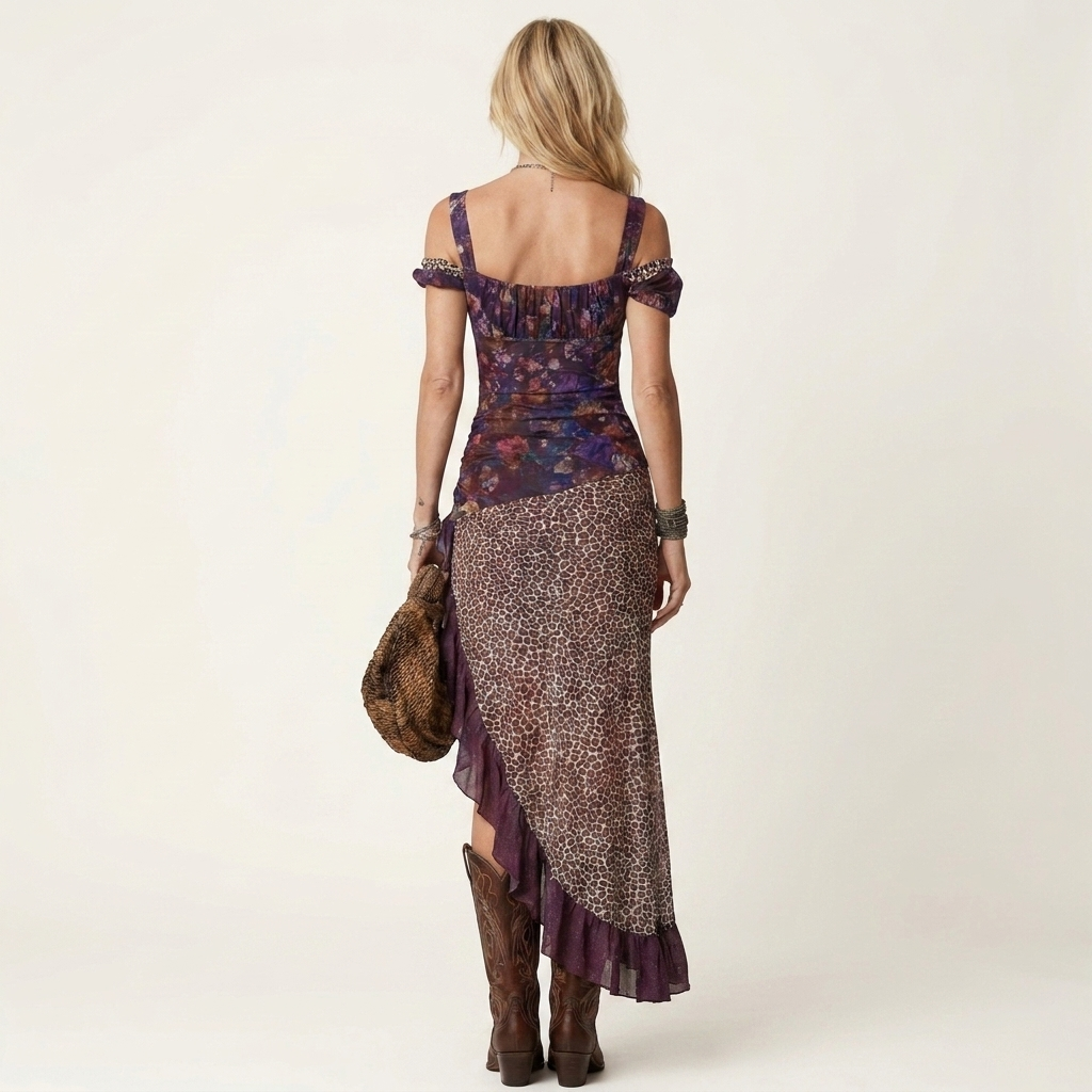 Sandy | Cold-Shoulder Floral & Leopard Mixed-Print Maxi Dress with High Slit