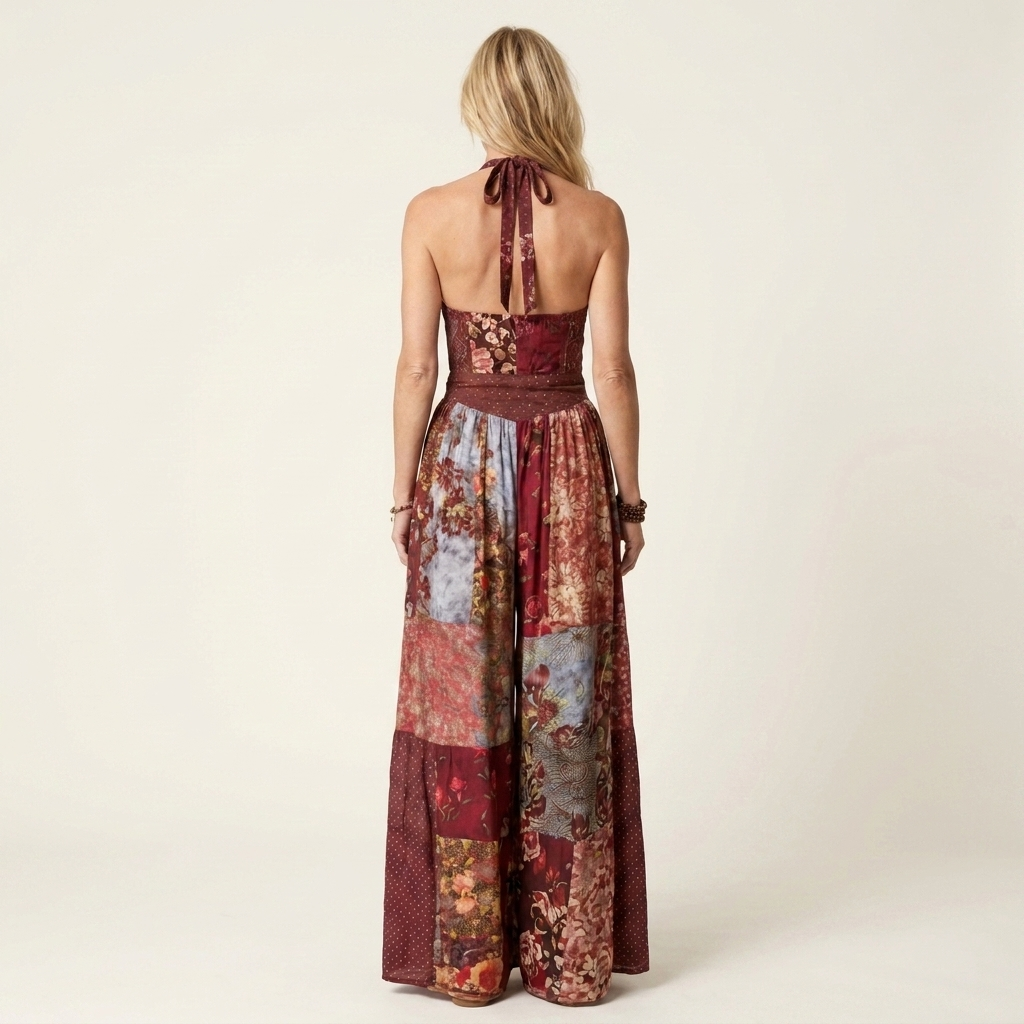 Candice | Deep V-Neck Patchwork Floral Maxi Dress with Open Back