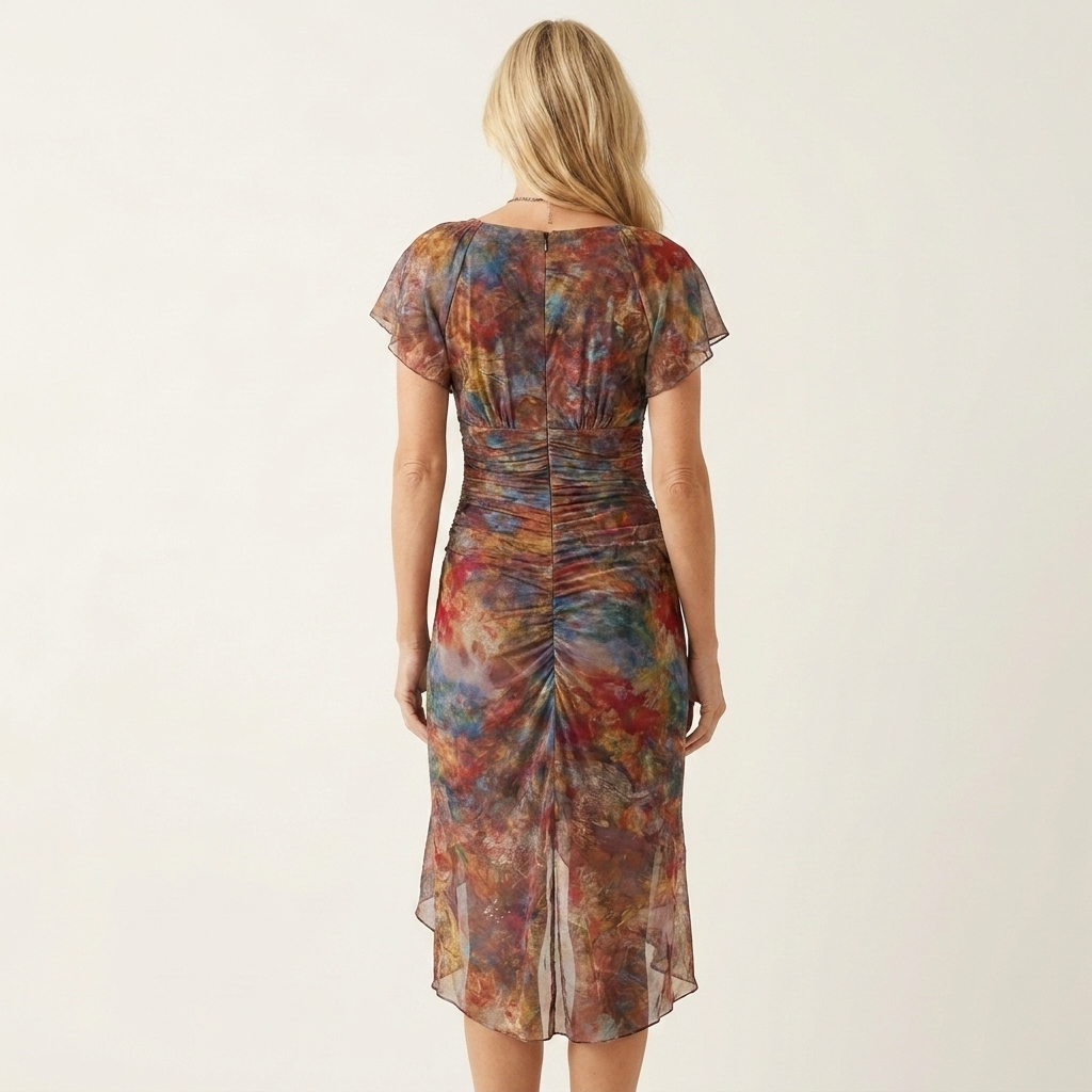 Leonarda | Deep V-Neck Ruched Floral Mesh Midi Dress with Side Slit