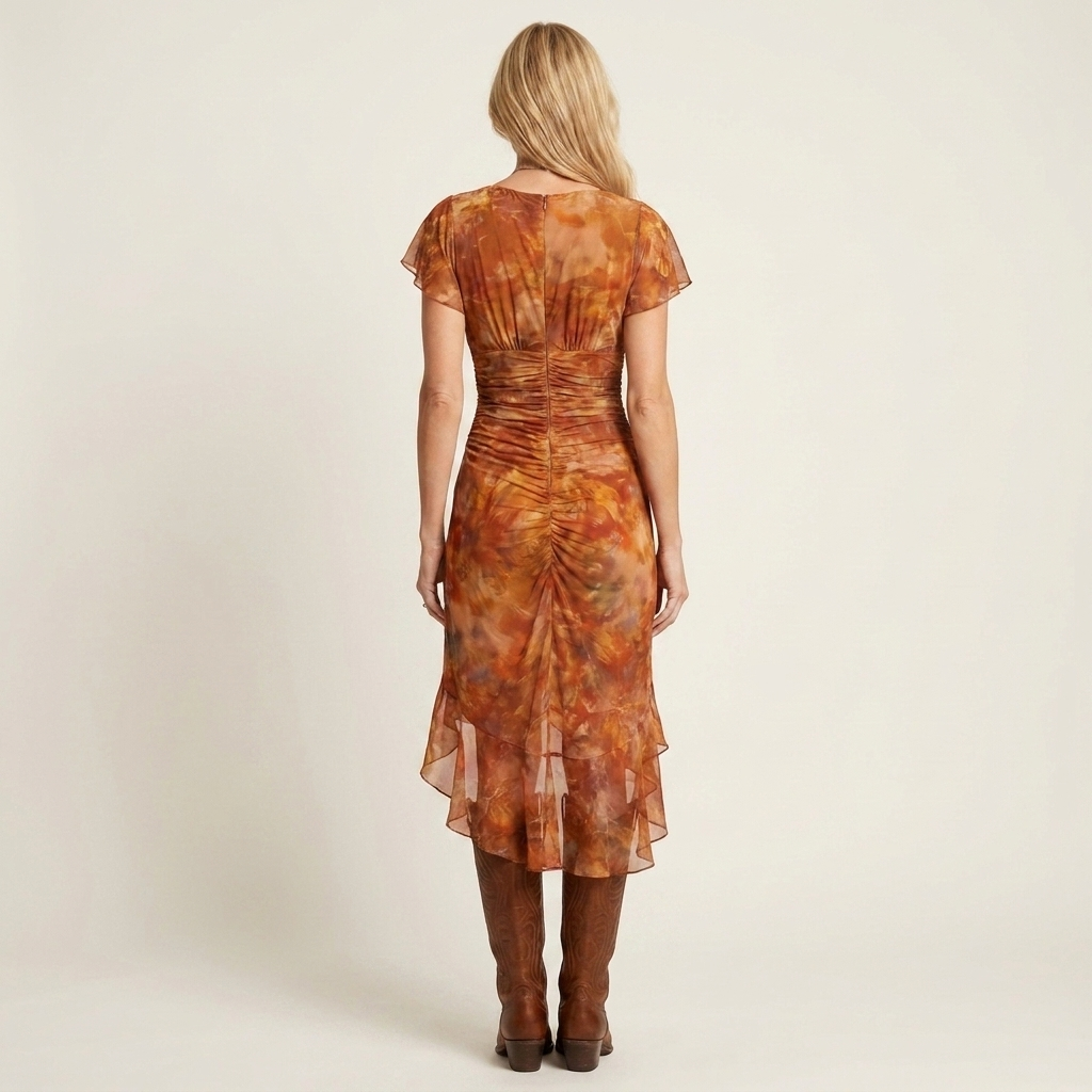 Leonarda | Deep V-Neck Ruched Floral Mesh Midi Dress with Side Slit