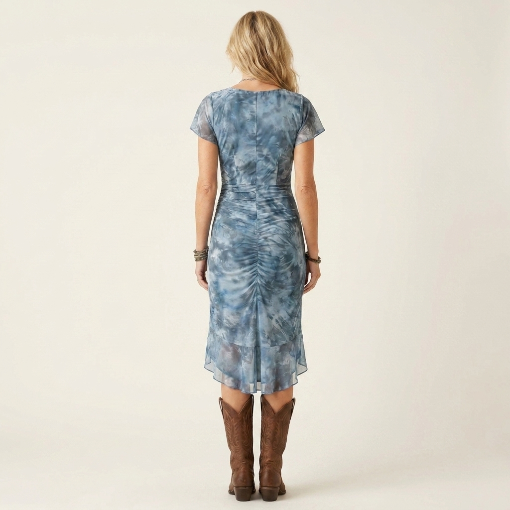 Leonarda | Deep V-Neck Ruched Floral Mesh Midi Dress with Side Slit