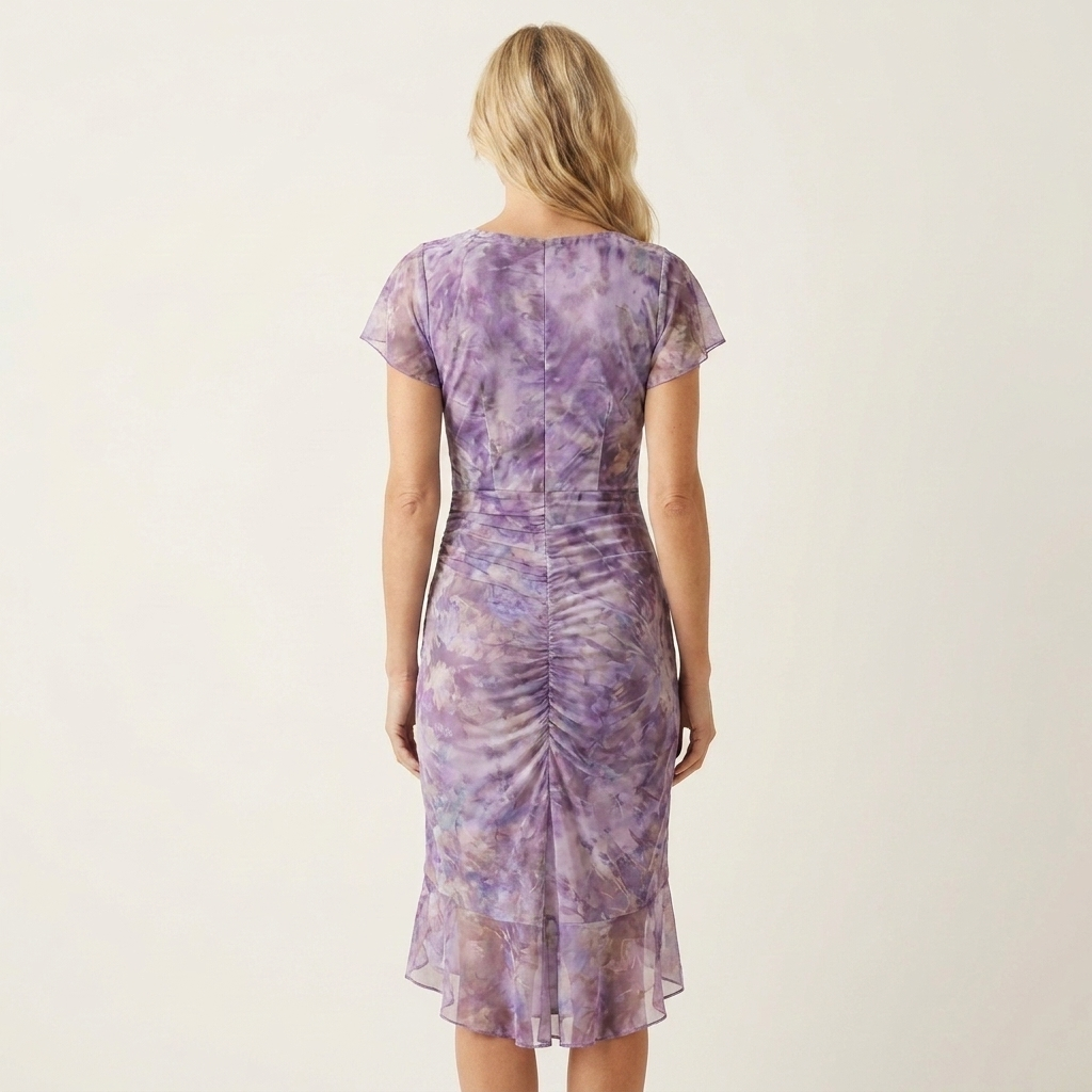 Leonarda | Deep V-Neck Ruched Floral Mesh Midi Dress with Side Slit