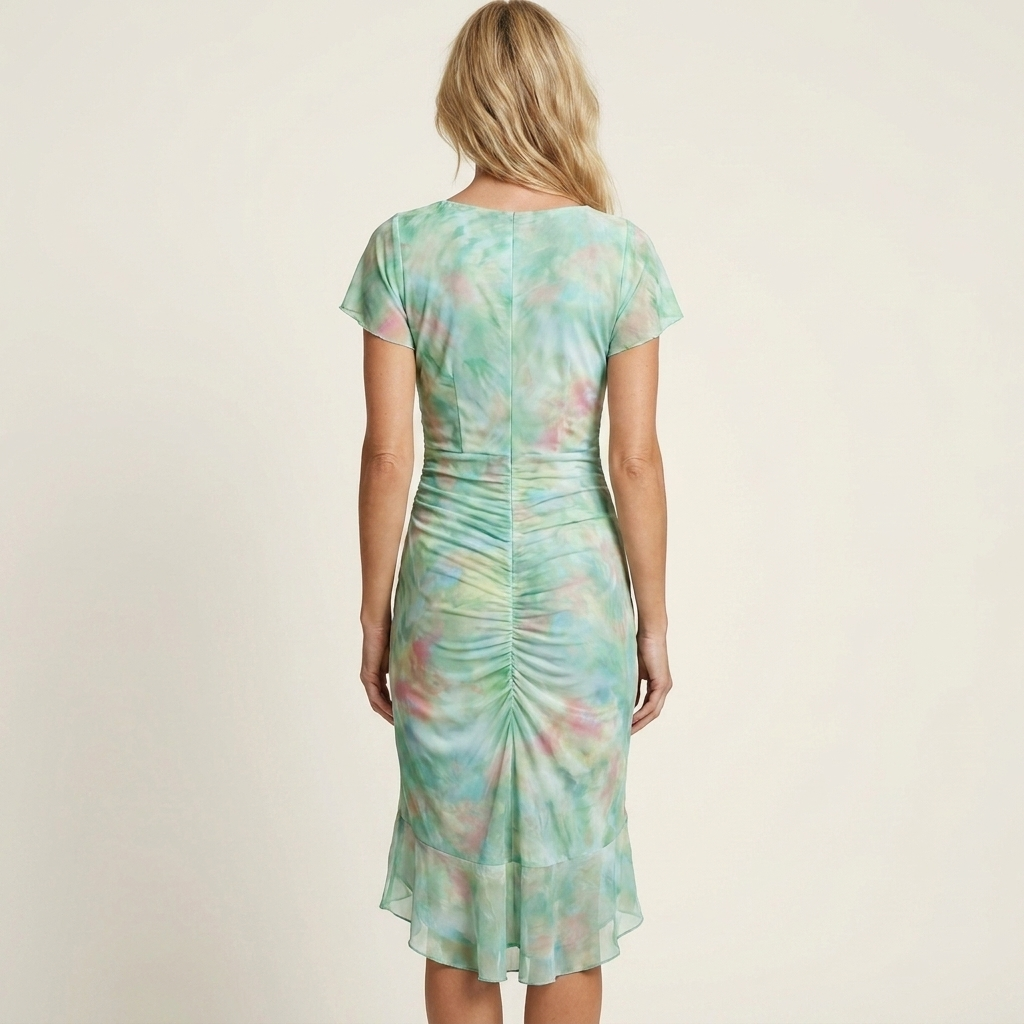 Leonarda | Deep V-Neck Ruched Floral Mesh Midi Dress with Side Slit