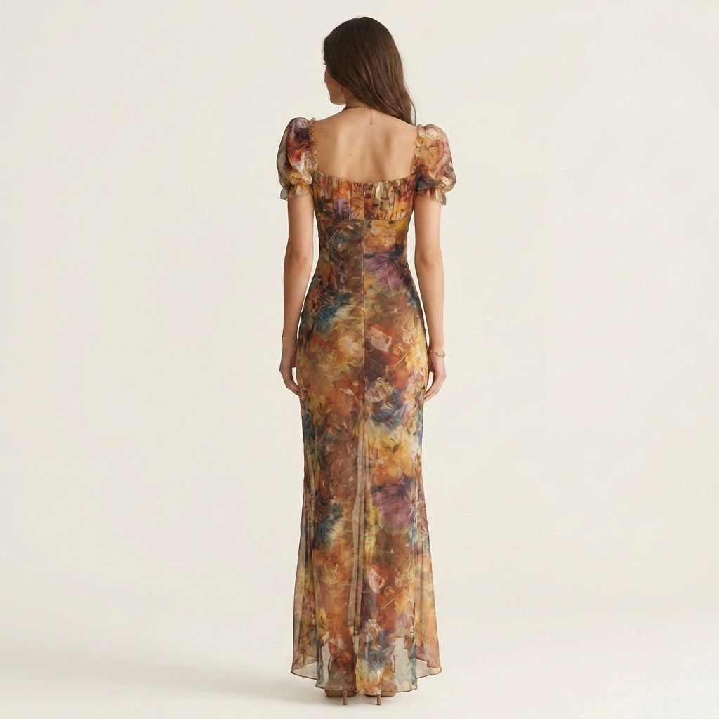 Sienna | Ruffle Square-Neck Smocked Floral Mesh Maxi Dress with Side Slit