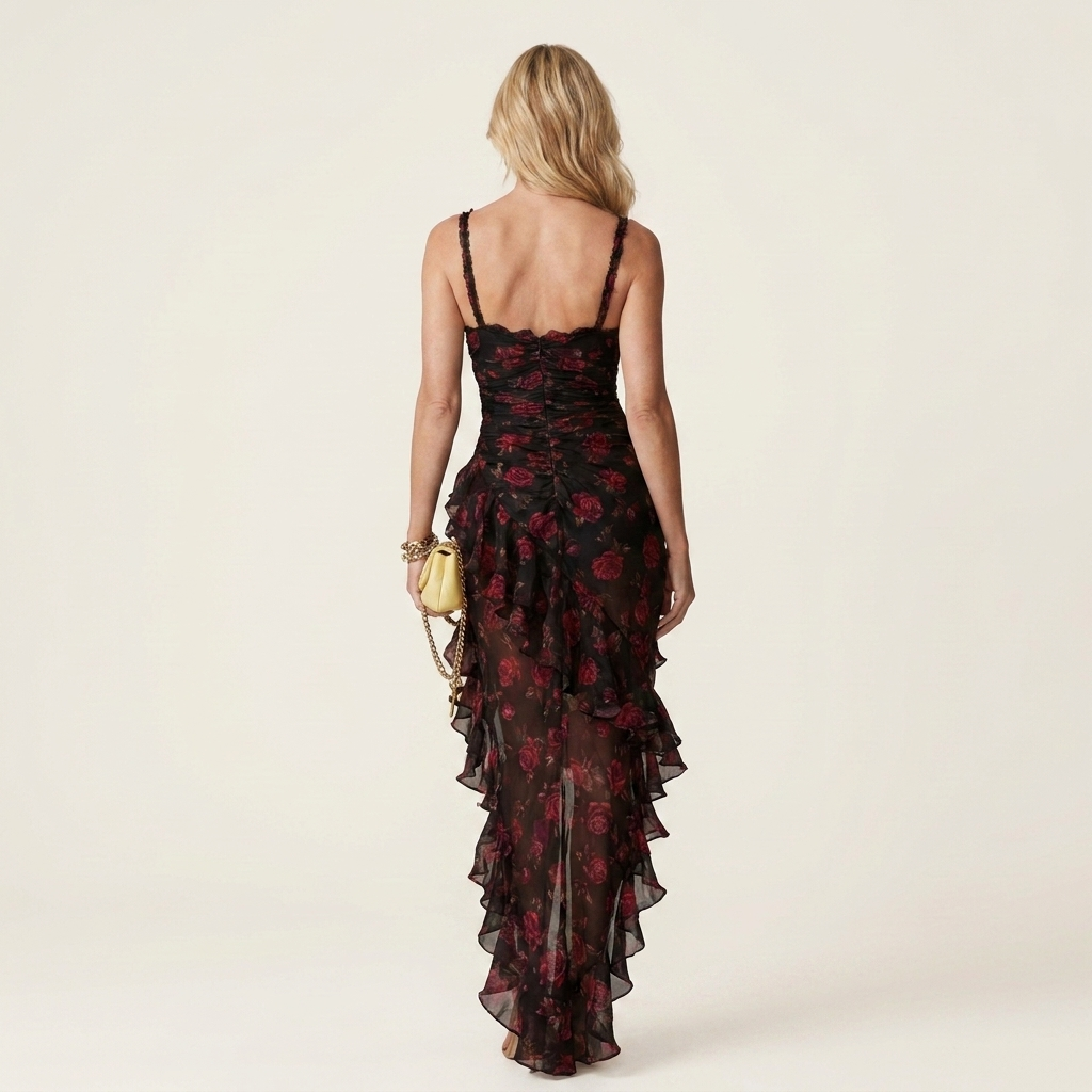 Jovanna | Sweetheart Spaghetti-Strap Rose Print Ruffle Hi-Low Dress