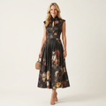 Fiora | Mandarin-Collar Keyhole Floral Placement Print Pleated Midi Dress