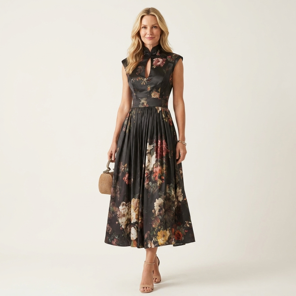 Fiora | Mandarin-Collar Keyhole Floral Placement Print Pleated Midi Dress