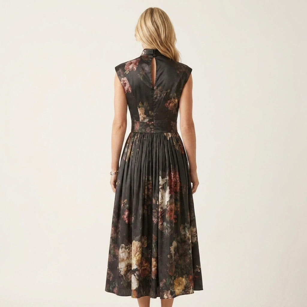 Fiora | Mandarin-Collar Keyhole Floral Placement Print Pleated Midi Dress
