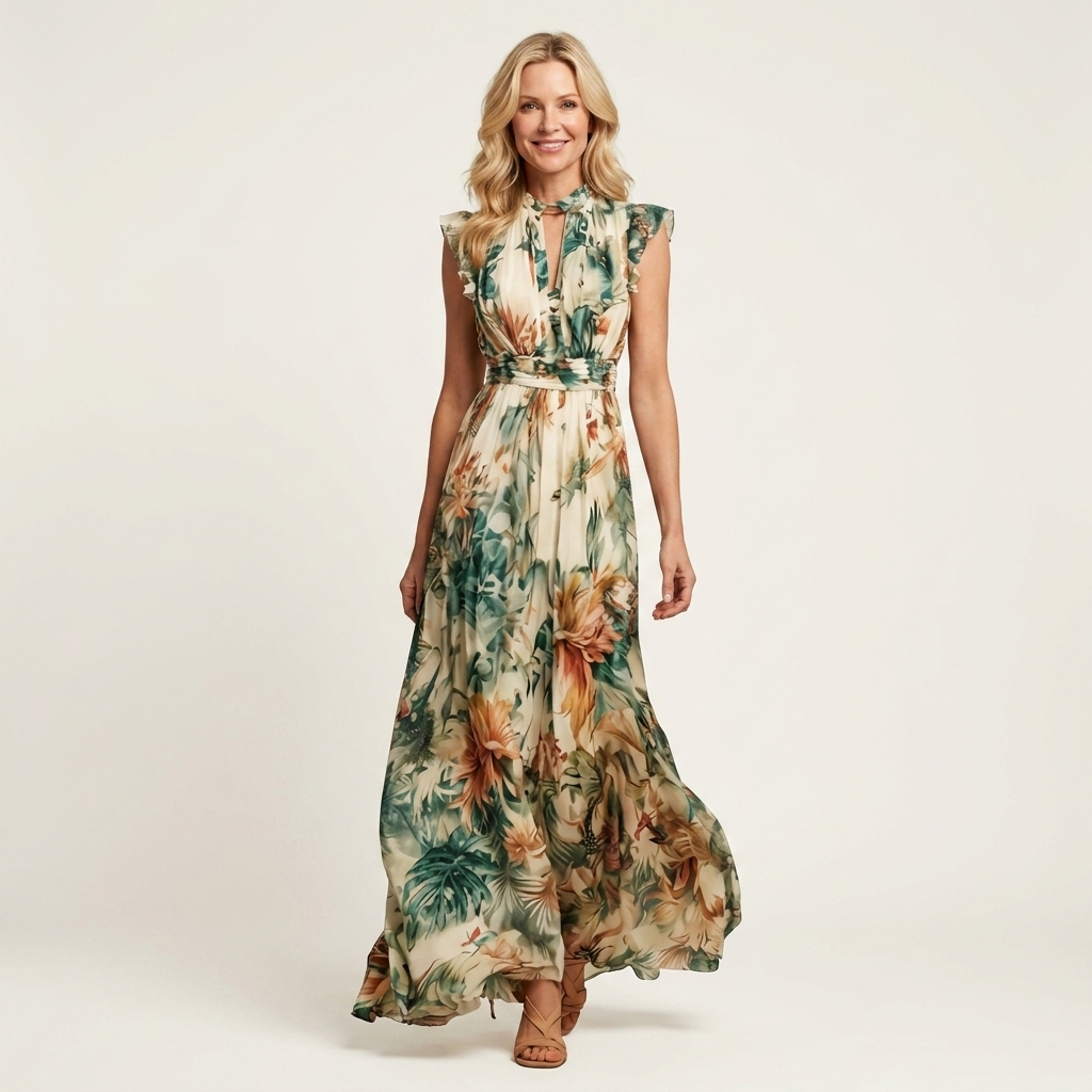 Noella | Mandarin-Collar Ruffle-Sleeve Floral Chiffon Maxi Dress